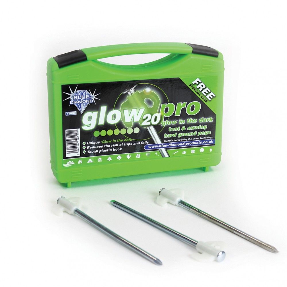 Blue Diamond Glow in the Dark Glow Pro Tent & Awning Pegs x 20 with Plastic Storage Case